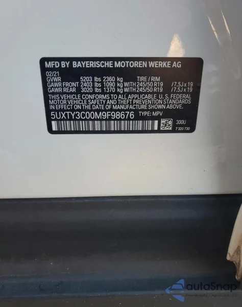 2021 BMW X3 Sdrive30I from USA, damaged, VIN 5UXTY3C00M9F98676